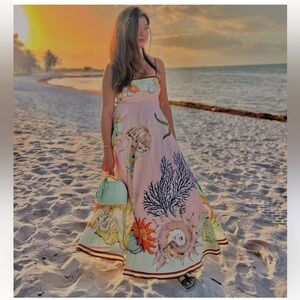 Alemais Sam Pauletto Nereids Shirred Printed Linen-Gauze Midi Dress size 8